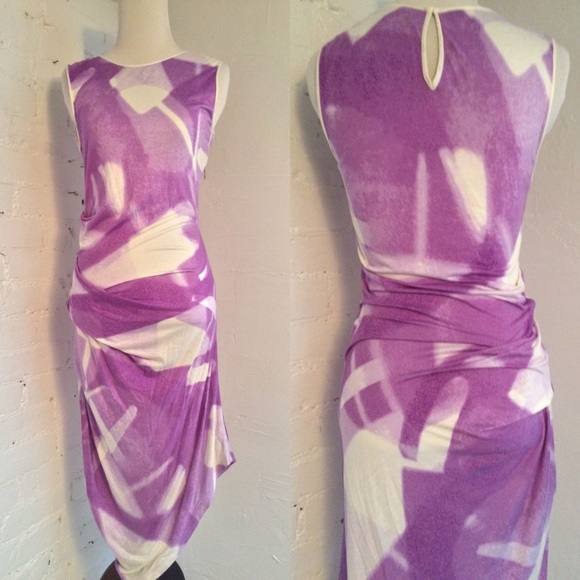 Halston Heritage Inkblot Ruched Bodycon Midi Dress - Picture 1 of 8